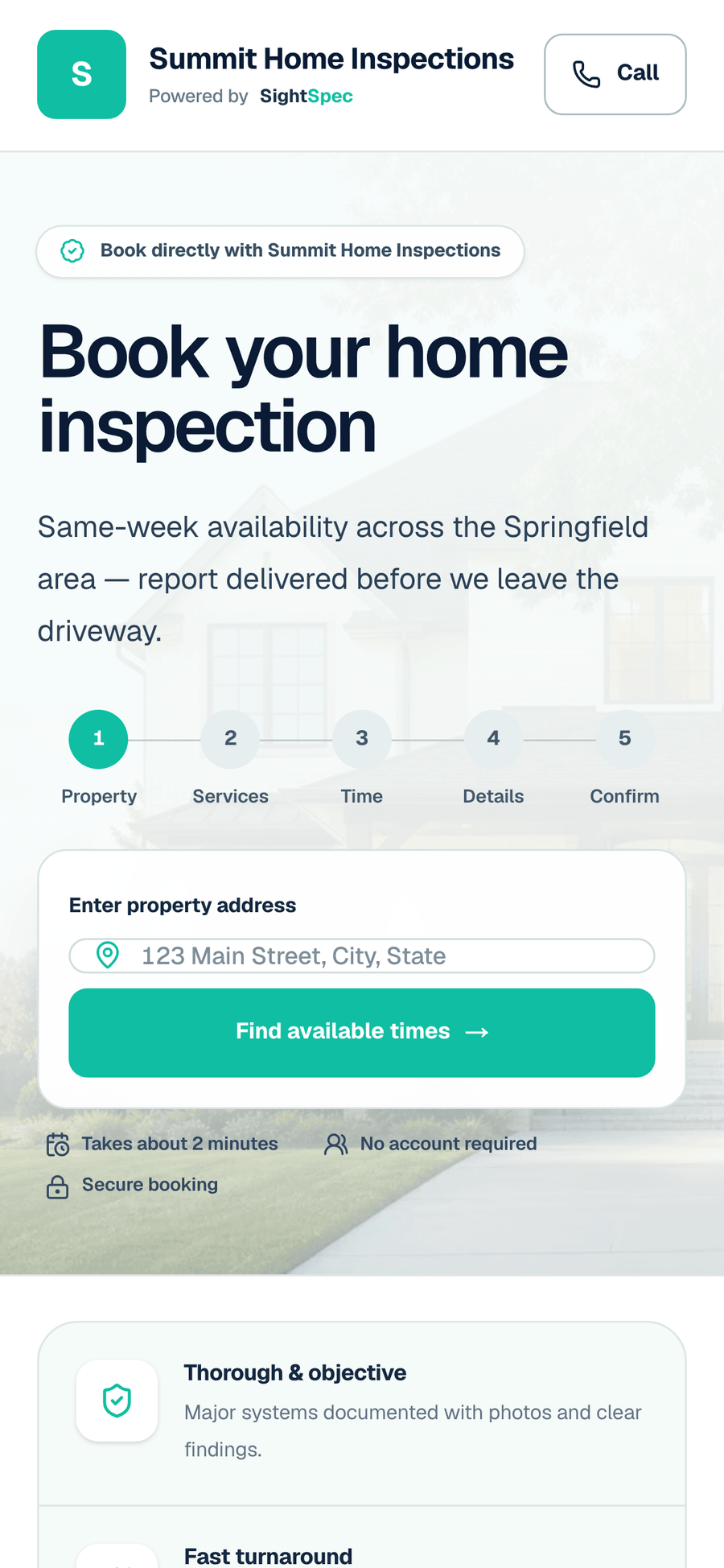 The public booking page clients see — pick a package and a time, no account required