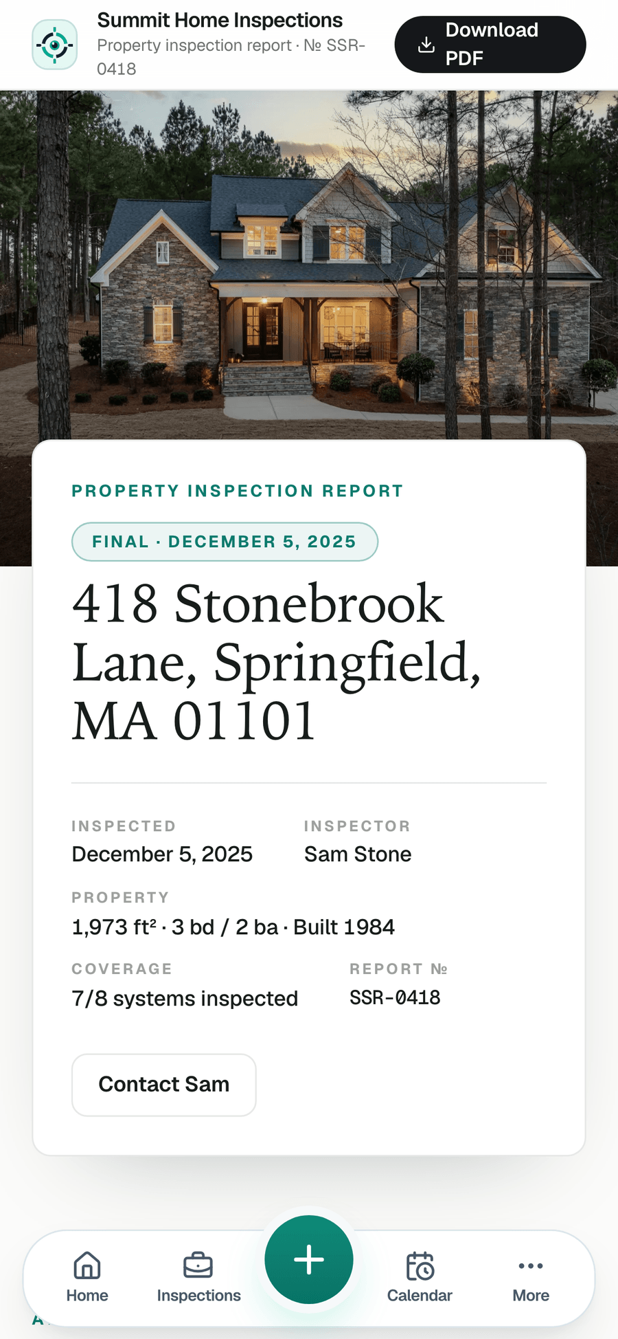 The delivered report clients open — property health by area, findings, and photos, with no app and no login