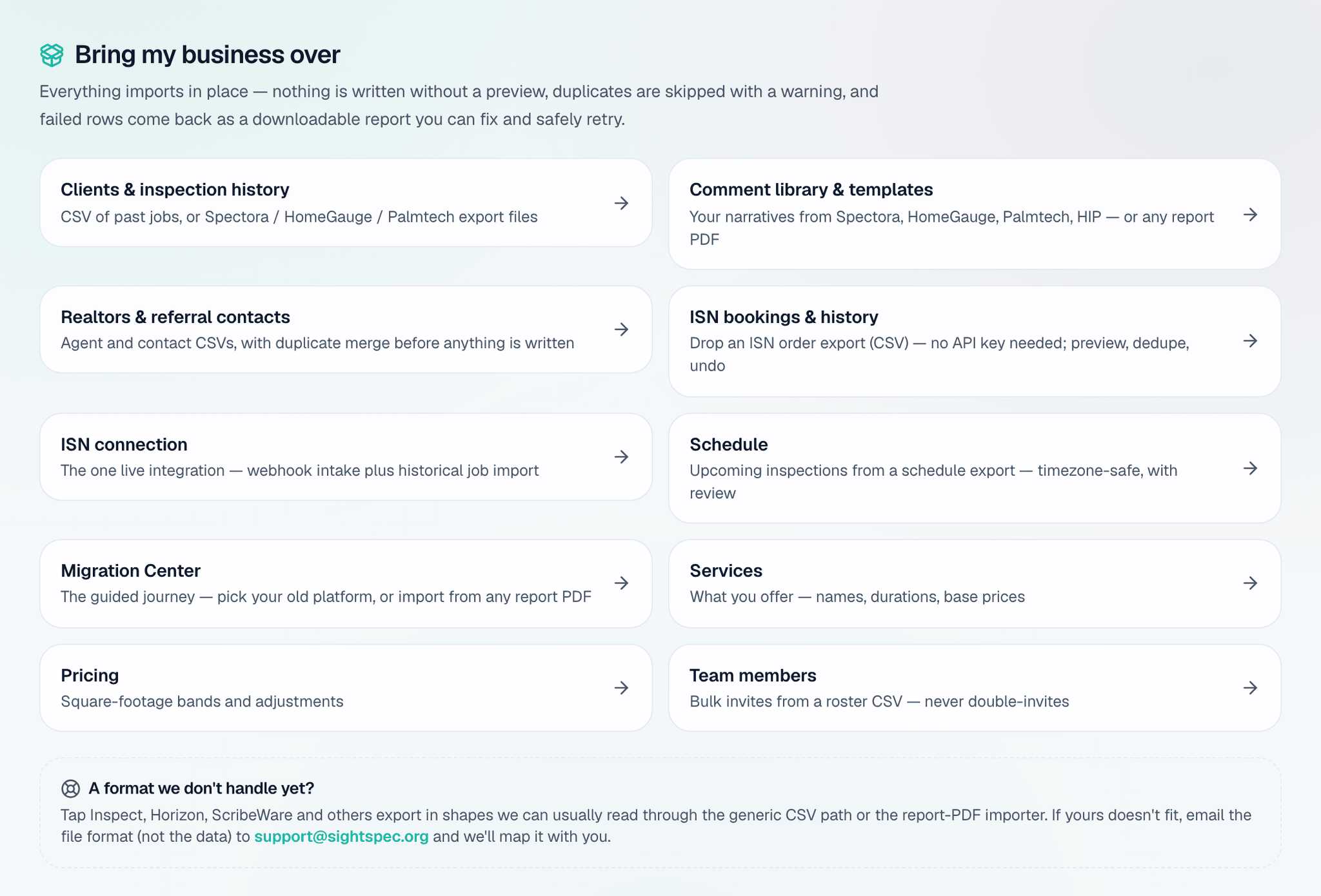 The SightSpec Import Center — clients, templates, contacts, and history, each with a preview before anything is written