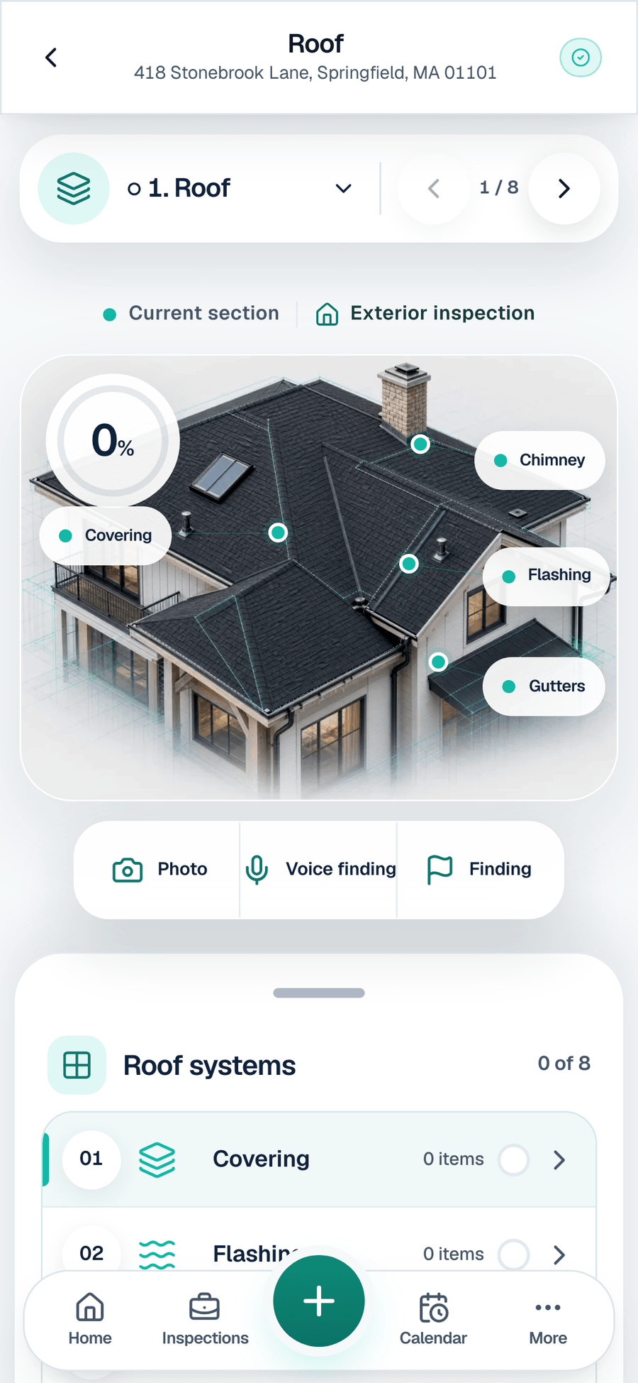 A guided roof section in the SightSpec field app — photo, voice note, and finding capture in one place