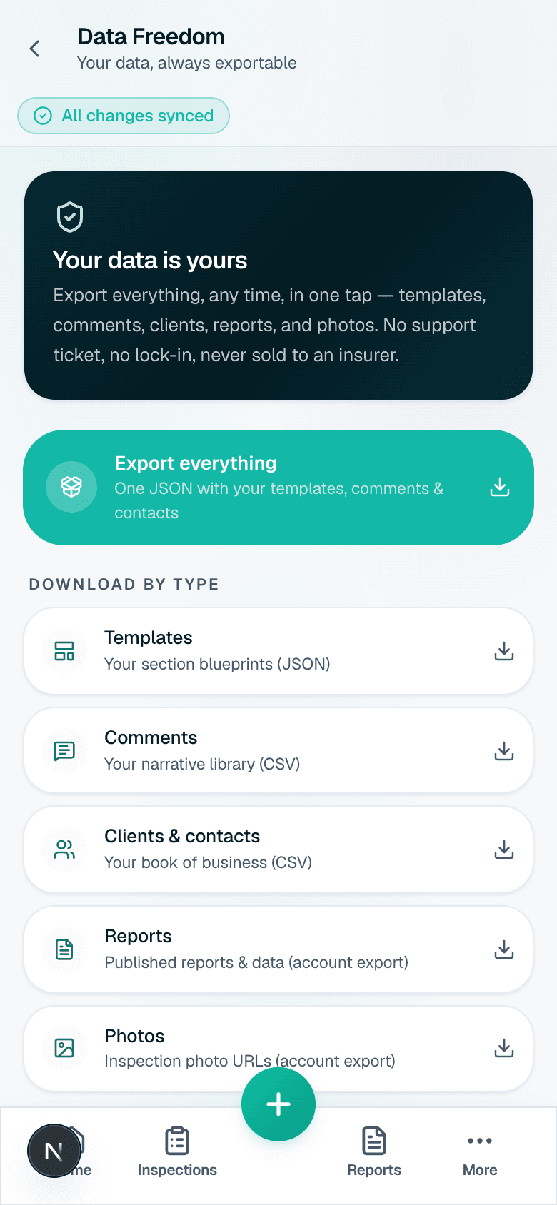 Data Freedom Center one-tap export