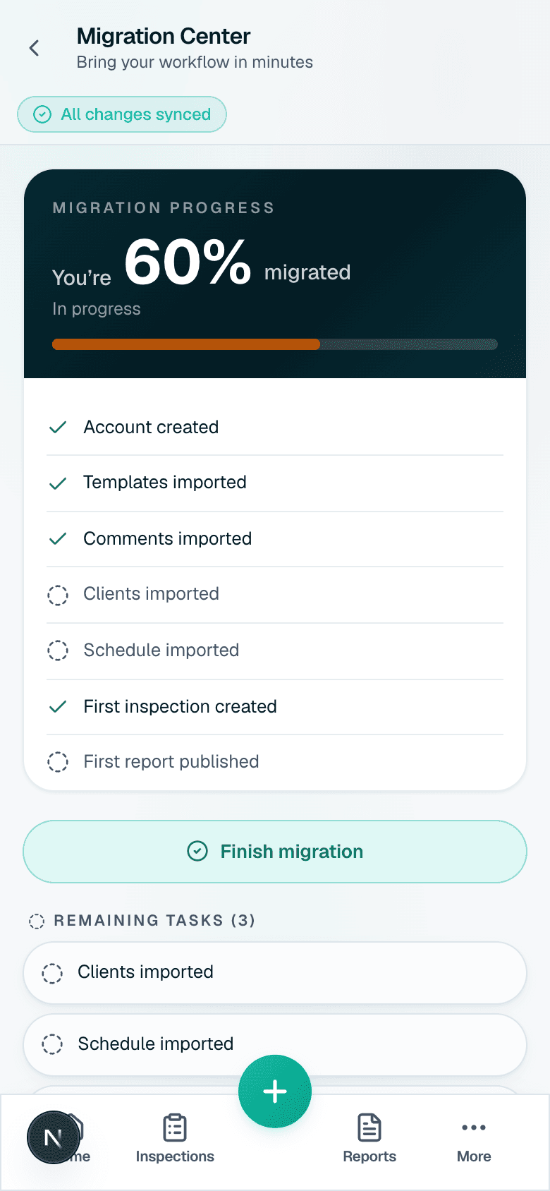 Migration Center showing imported templates and comments