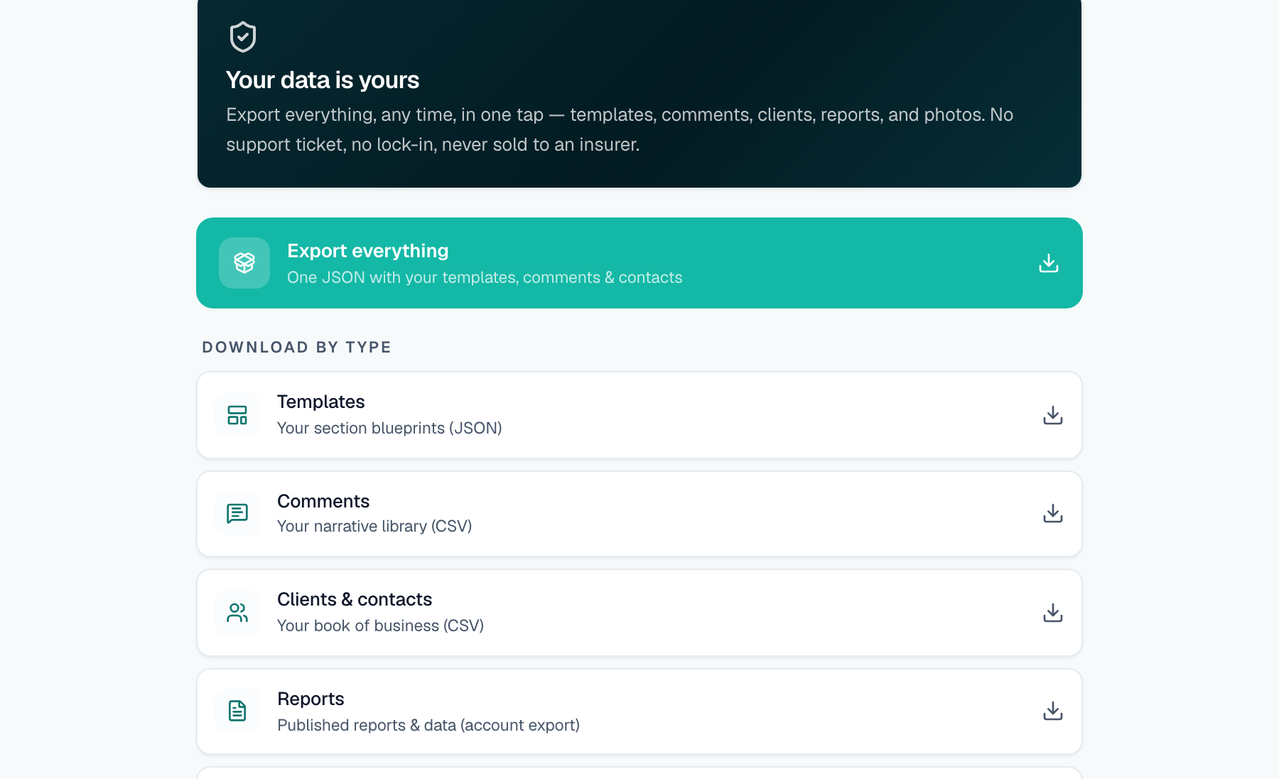 SightSpec Data Freedom Center — export your whole business in open formats